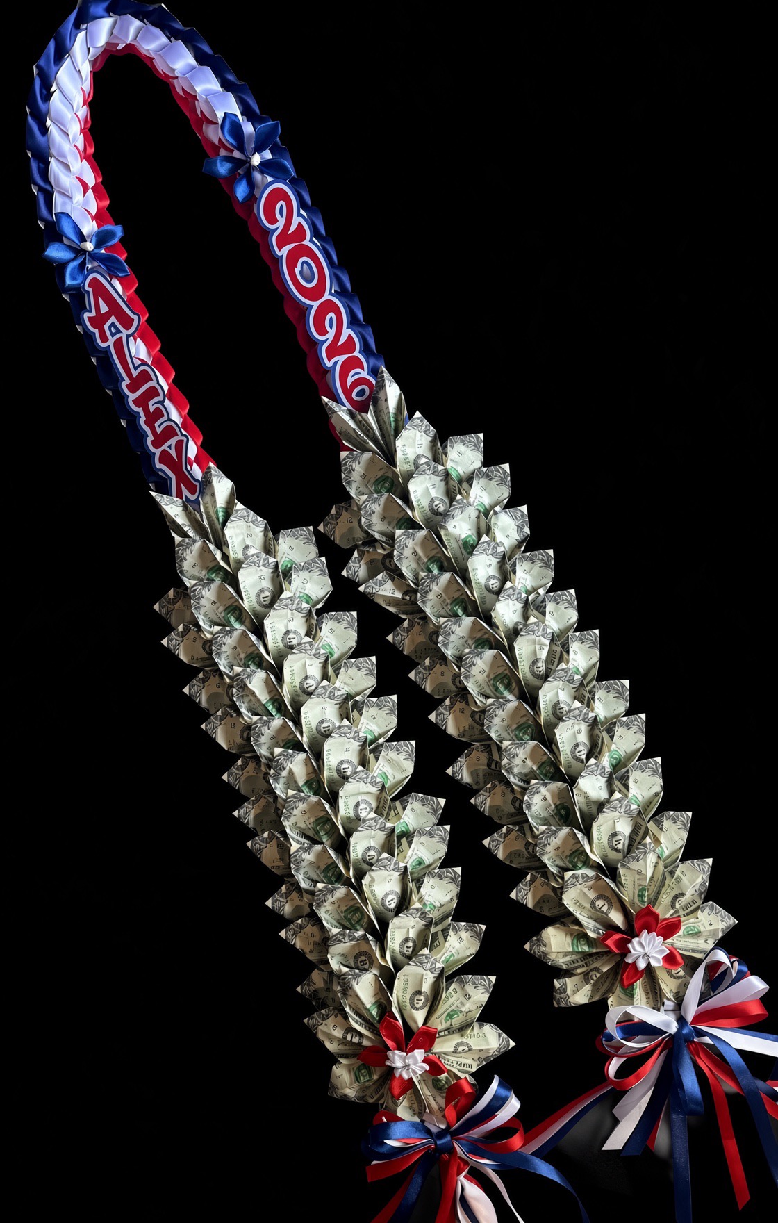 Custom money lei ALEX 2026 in red white and blue