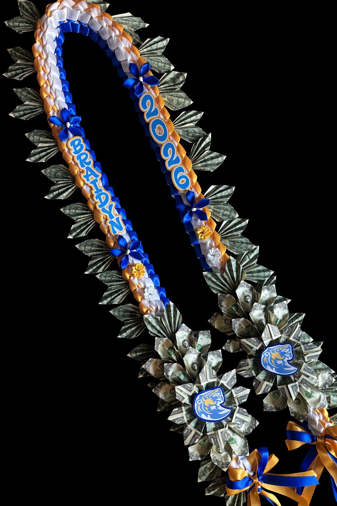 Custom money lei with name BRAIDYN and 2026, blue gold white ribbons and tiger logos