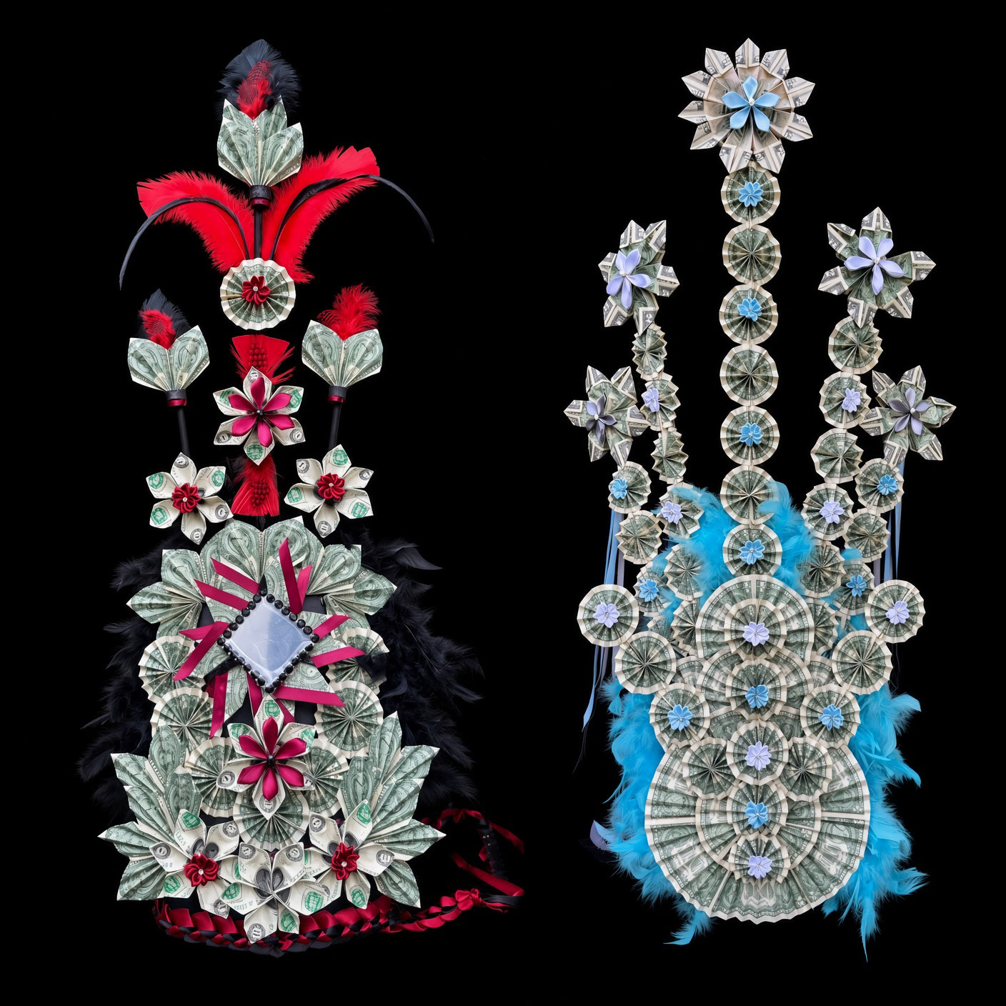 Two elaborate money crowns with feathers in red and blue