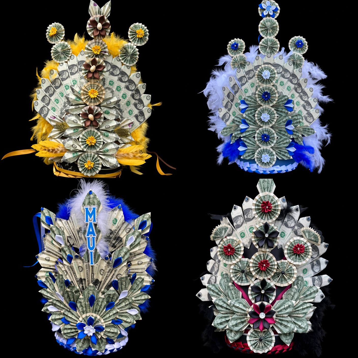 Four money crowns including MAUI style with feathers and ribbons