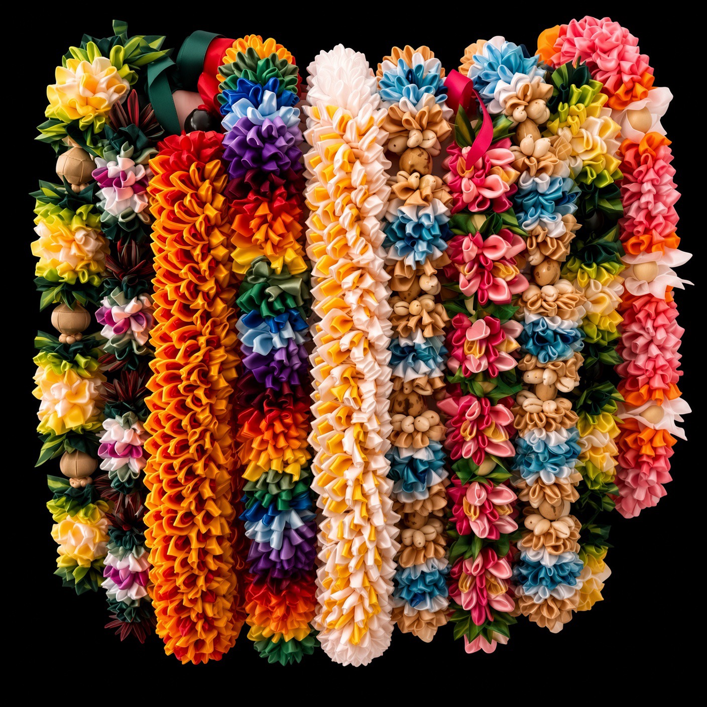 Colorful ribbon and garland leis in many colors